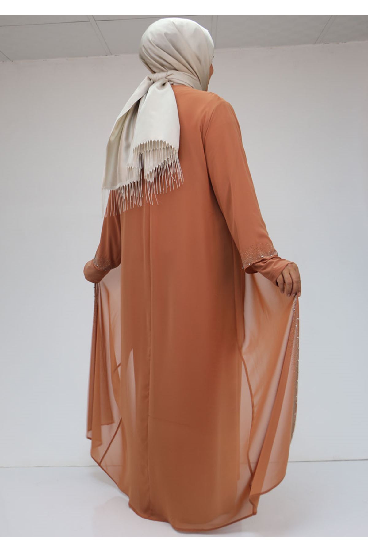 42018 Büyük Beden  Taş Baskılı Sandy-Şifon Elbise - somon