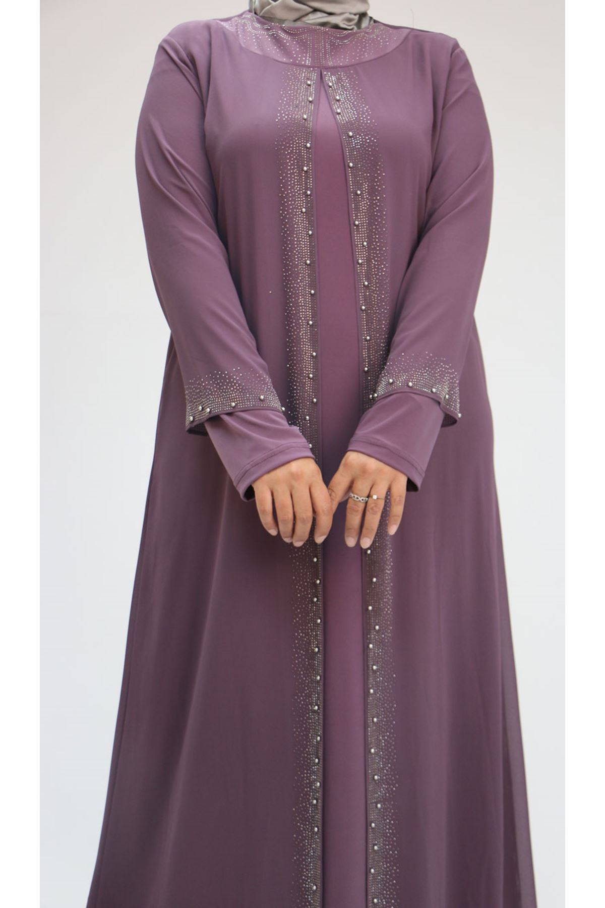 42018 Büyük Beden  Taş Baskılı Sandy-Şifon Elbise - Gül Kurusu