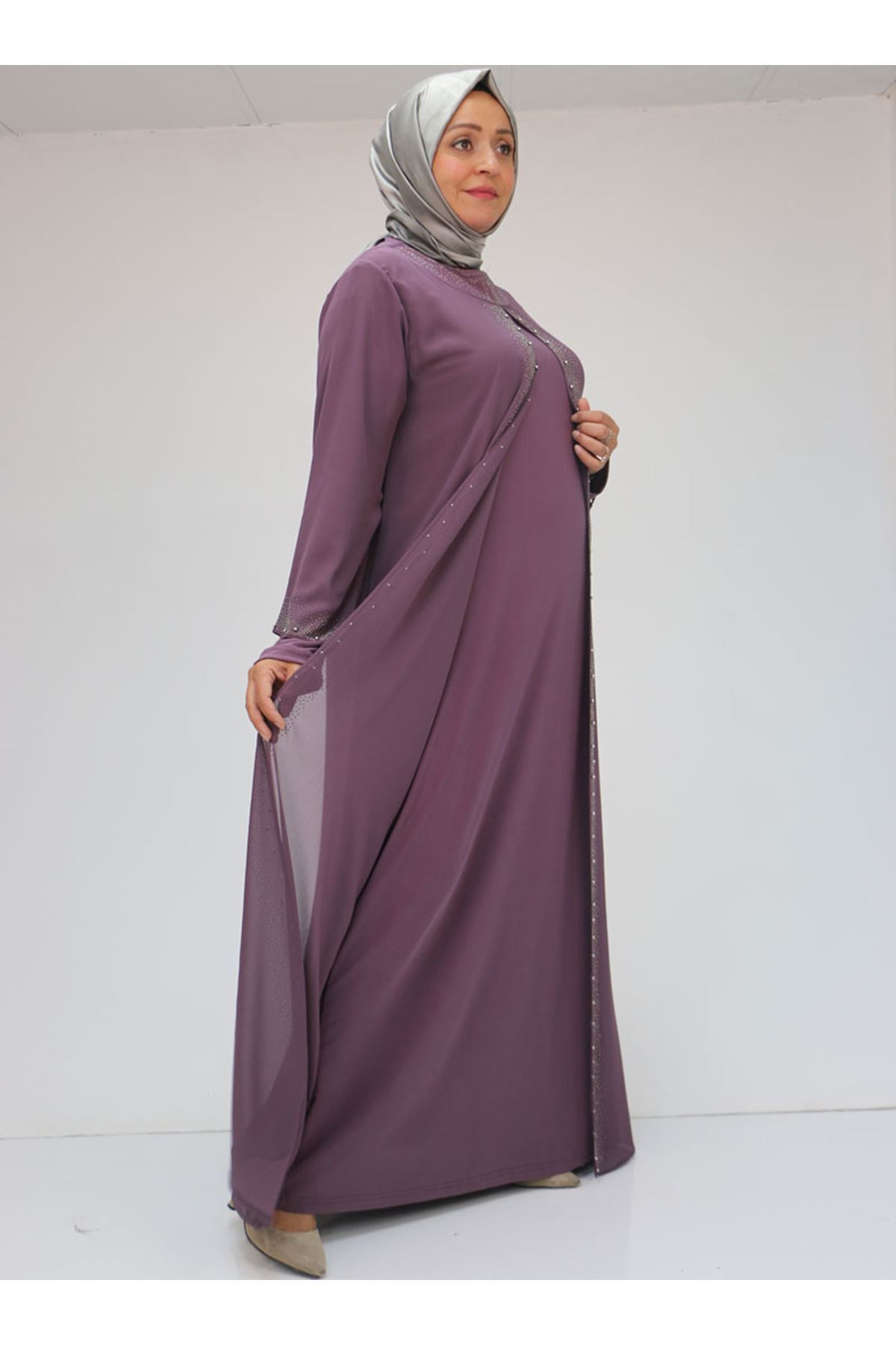 42018 Büyük Beden  Taş Baskılı Sandy-Şifon Elbise - Gül Kurusu