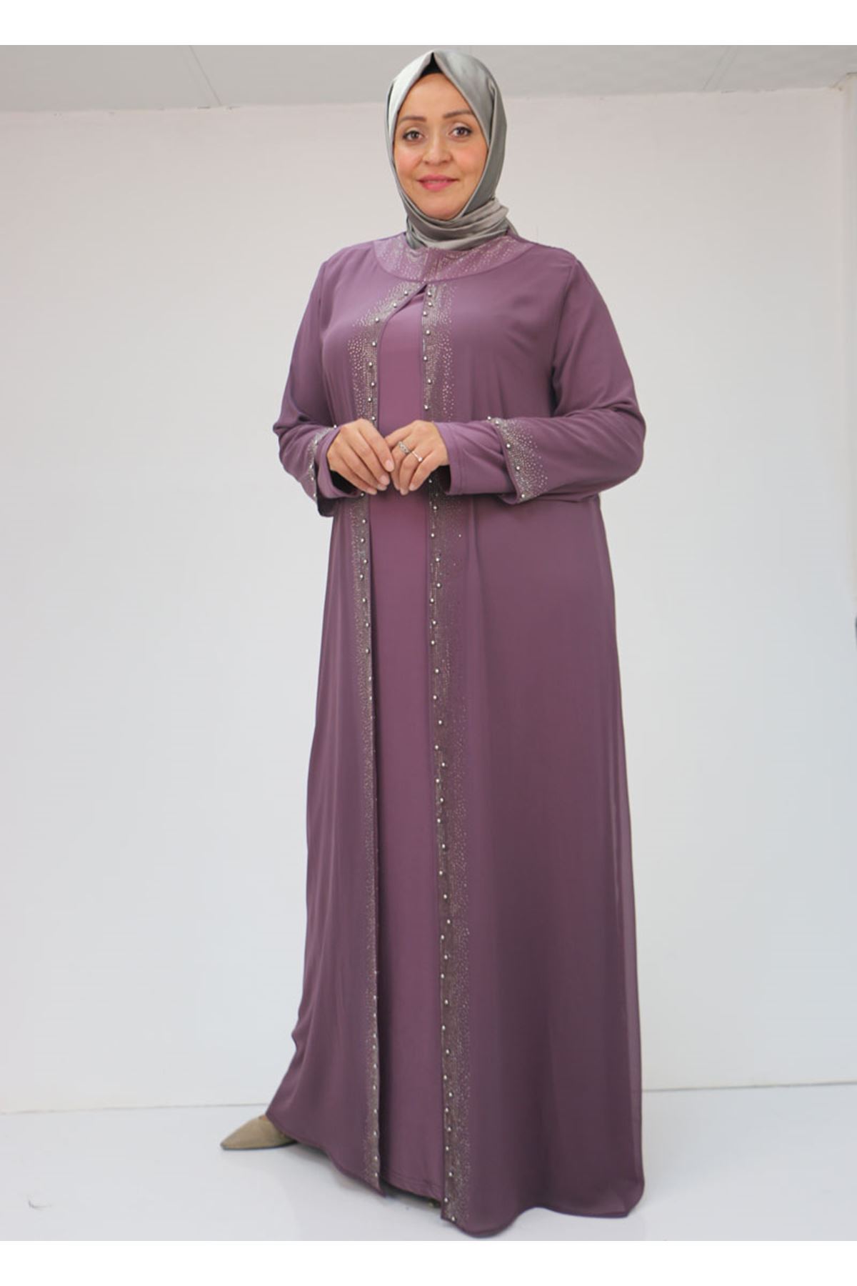 42018 Büyük Beden  Taş Baskılı Sandy-Şifon Elbise - Gül Kurusu