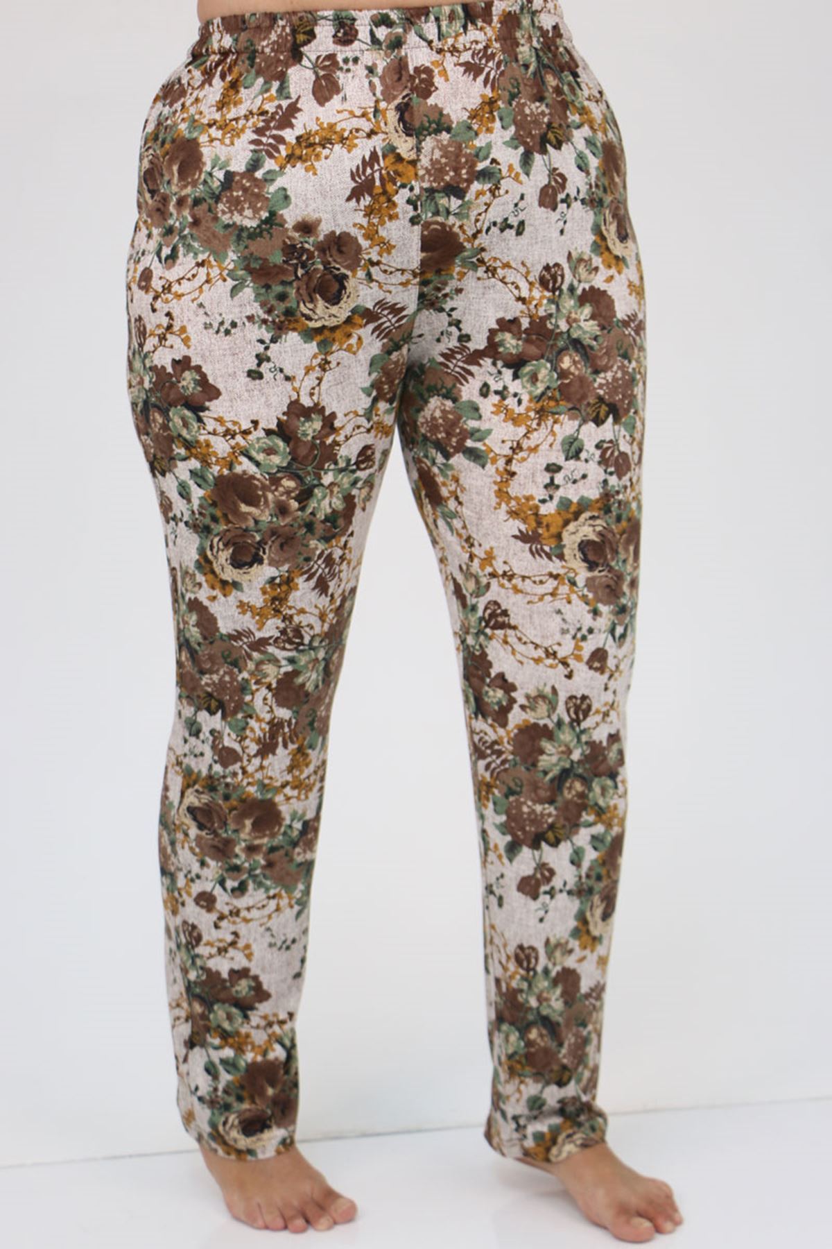 37801 Büyük Beden  Düğmeli Türlü Viskon Pijama Takımı - Bej-Kahve Çiçekli