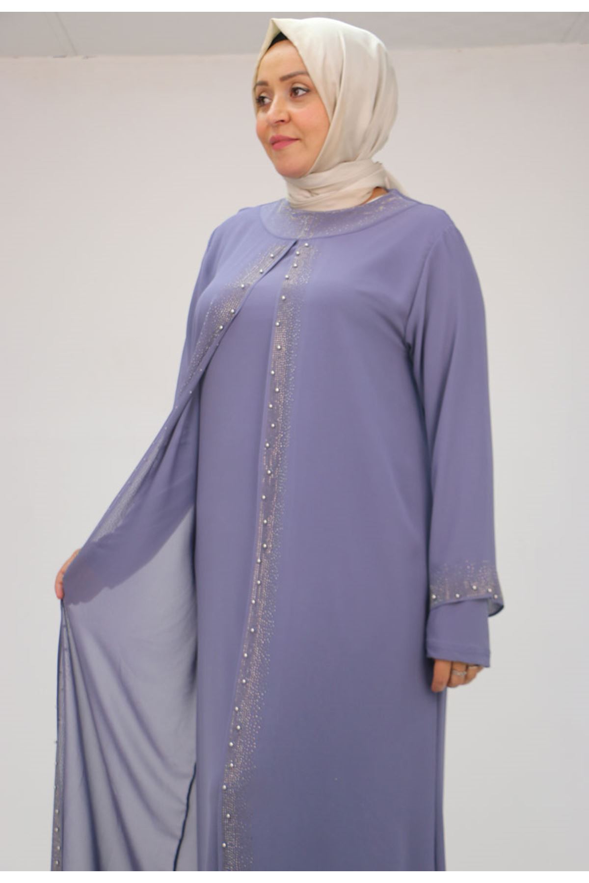 42018 Büyük Beden  Taş Baskılı Sandy-Şifon Elbise - Mor