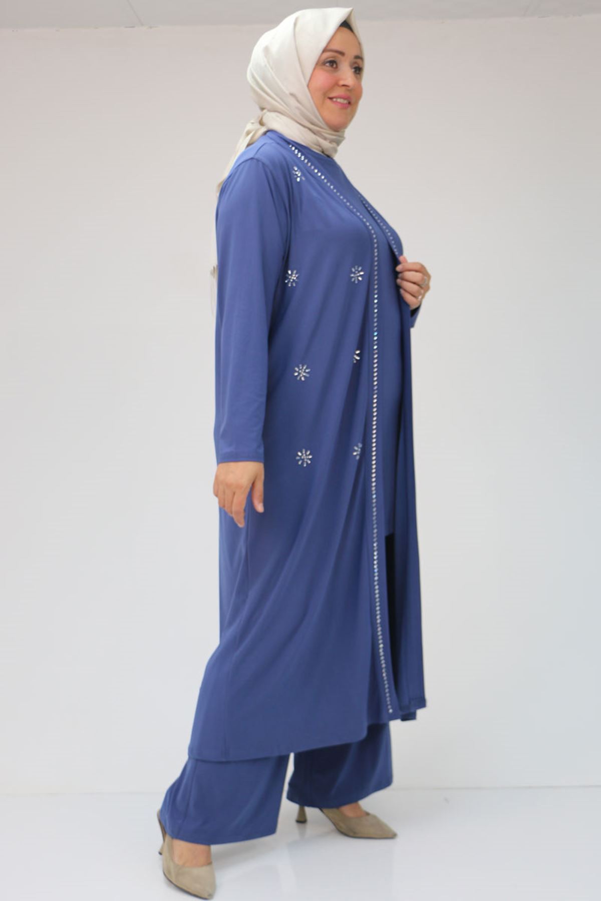 47304 Büyük Beden Taş Baskılı Sandy  Takım  -İndigo