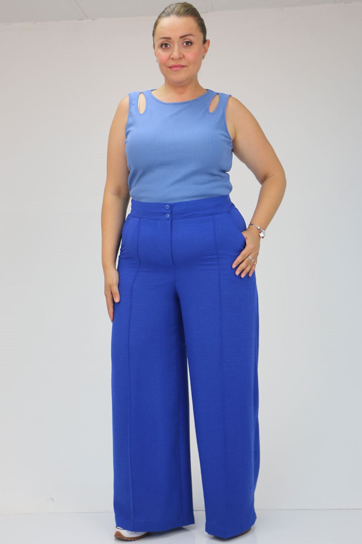 F-49012 Büyük Beden Çimalı Keten Airobin  Pantalon -Saks