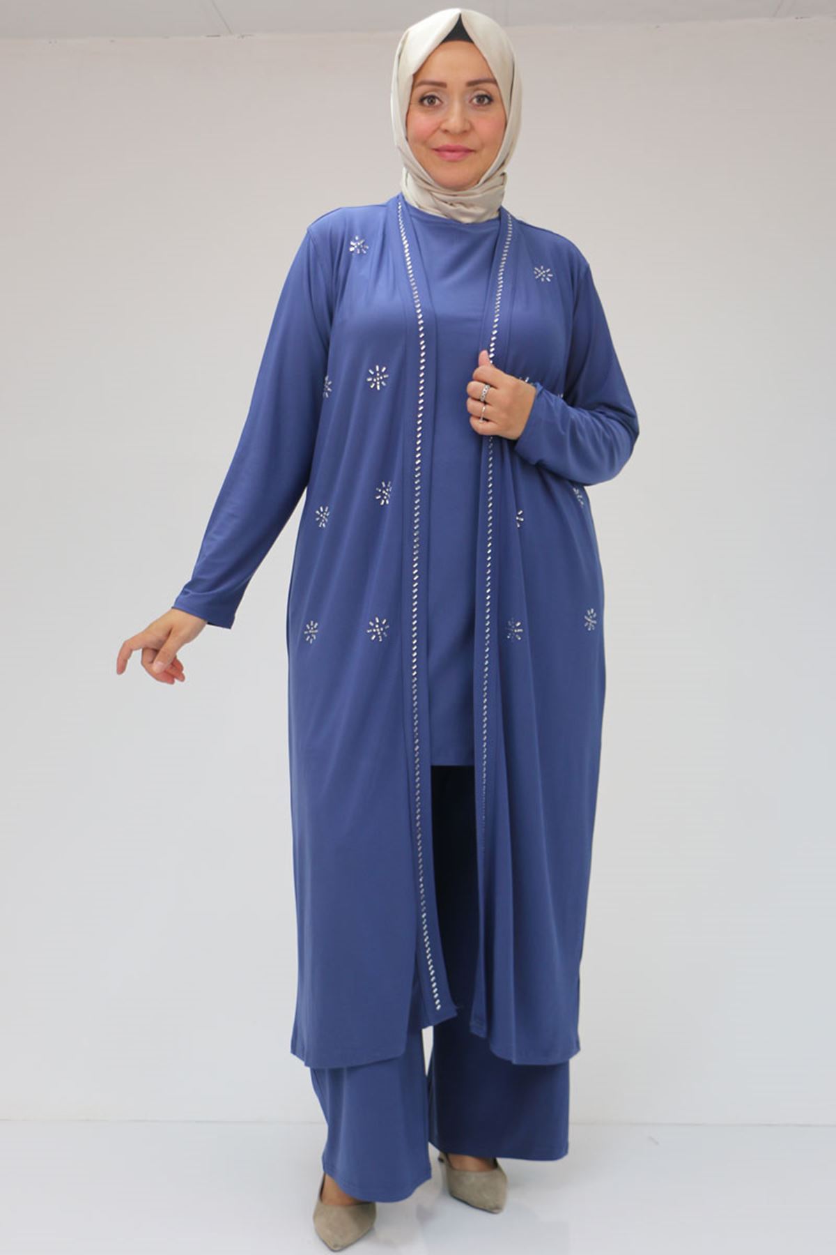 47304 Büyük Beden Taş Baskılı Sandy  Takım  -İndigo