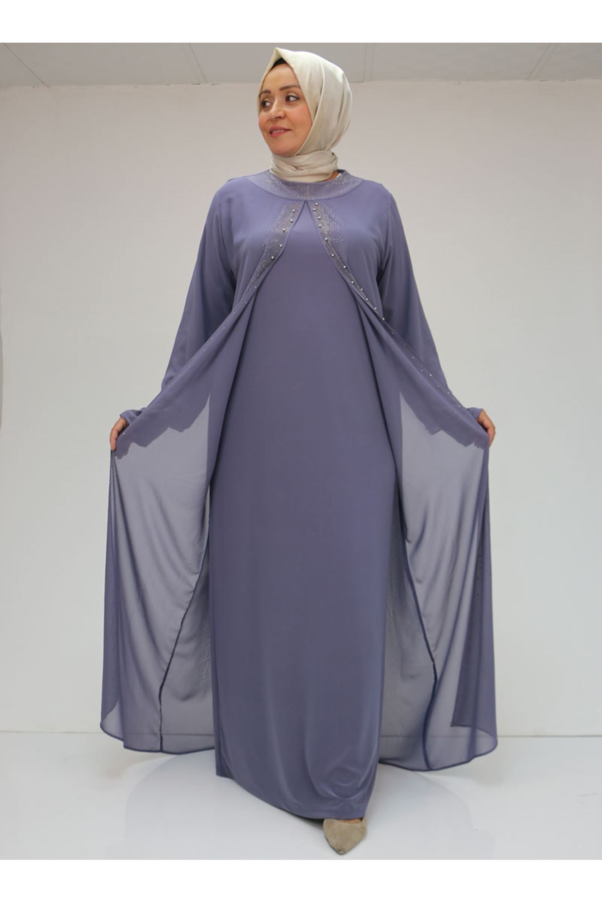 42018 Büyük Beden  Taş Baskılı Sandy-Şifon Elbise - Mor