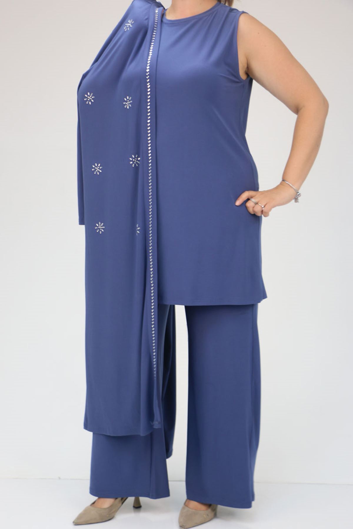 47304 Büyük Beden Taş Baskılı Sandy  Takım  -İndigo