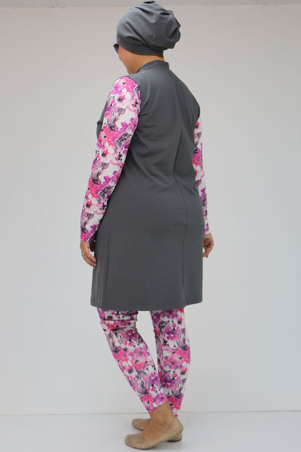 F-1729 Büyük Beden Uzunkol Tesettür Mayo Takım - Pembe - Gri