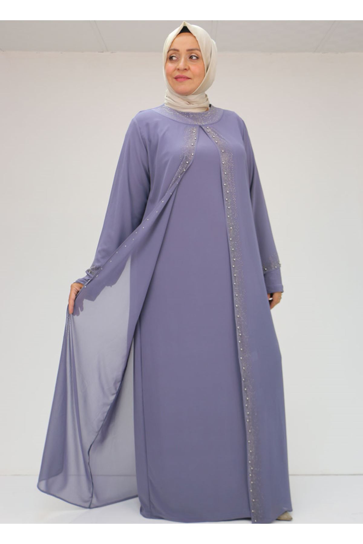 42018 Büyük Beden  Taş Baskılı Sandy-Şifon Elbise - Mor