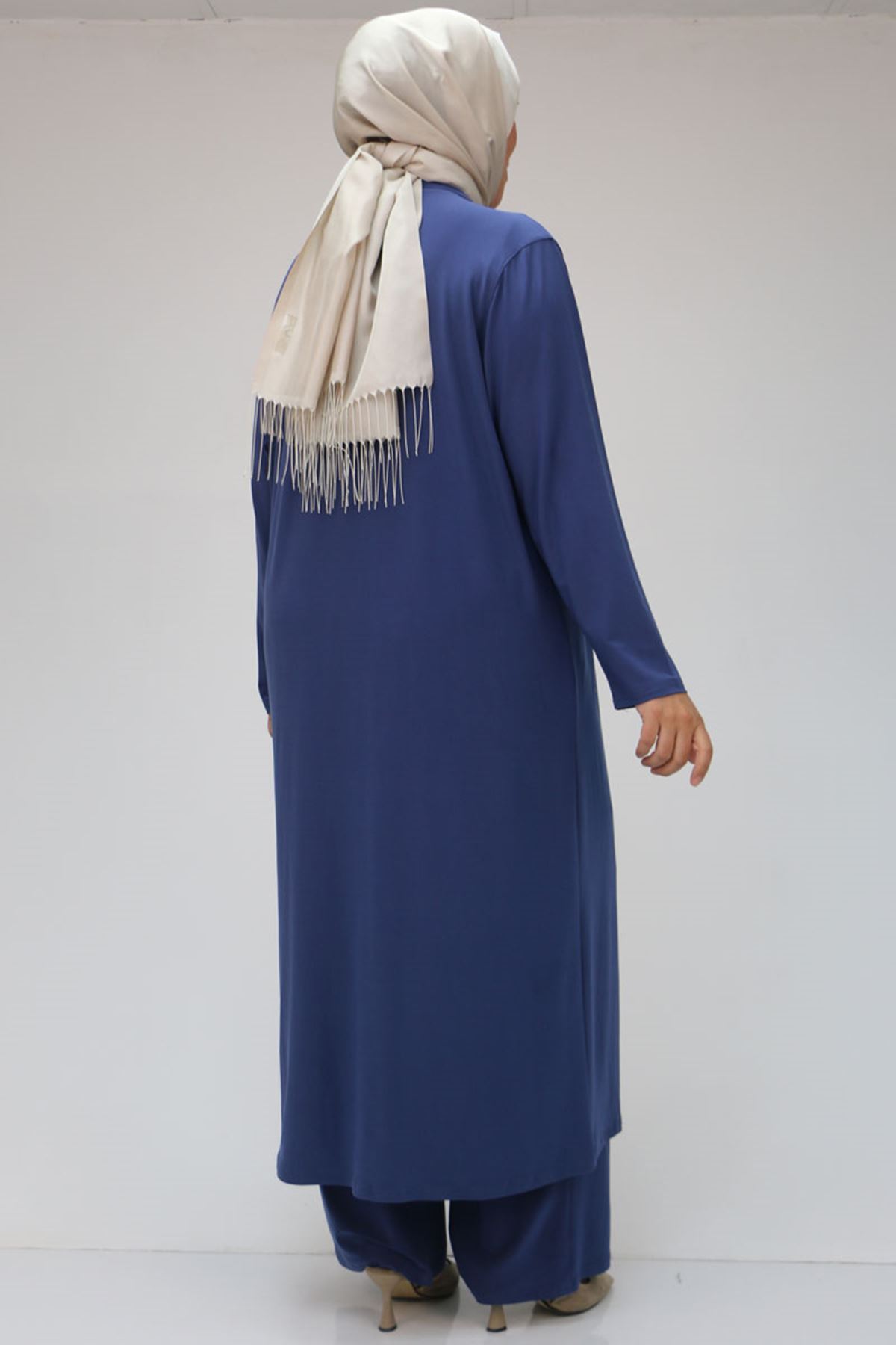 47304 Büyük Beden Taş Baskılı Sandy  Takım  -İndigo