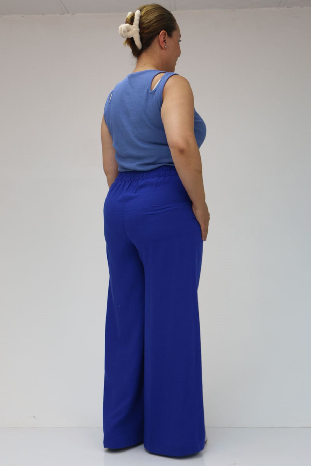 F-49012 Büyük Beden Çimalı Keten Airobin  Pantalon -Saks