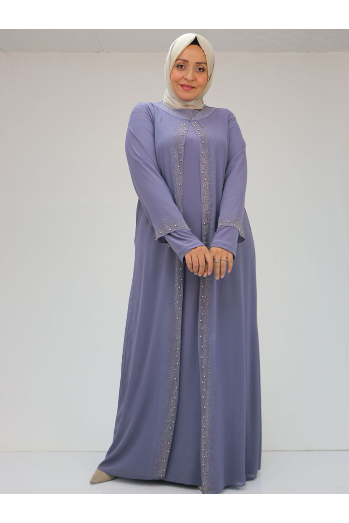 42018 Büyük Beden  Taş Baskılı Sandy-Şifon Elbise - Mor