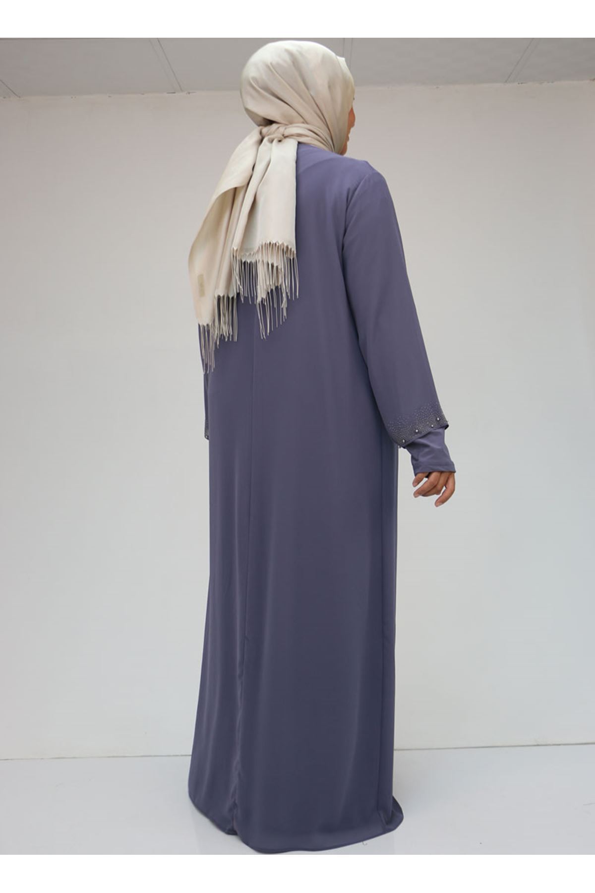 42018 Büyük Beden  Taş Baskılı Sandy-Şifon Elbise - Mor