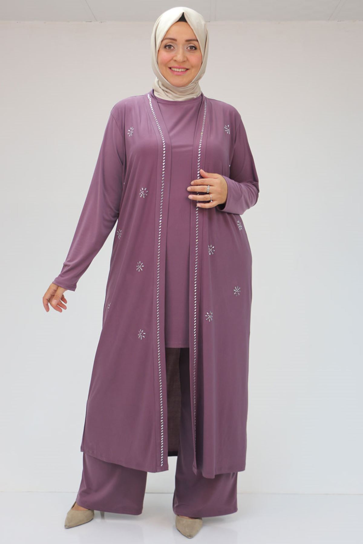 47304 Büyük Beden Taş Baskılı Sandy  Takım  - Lila