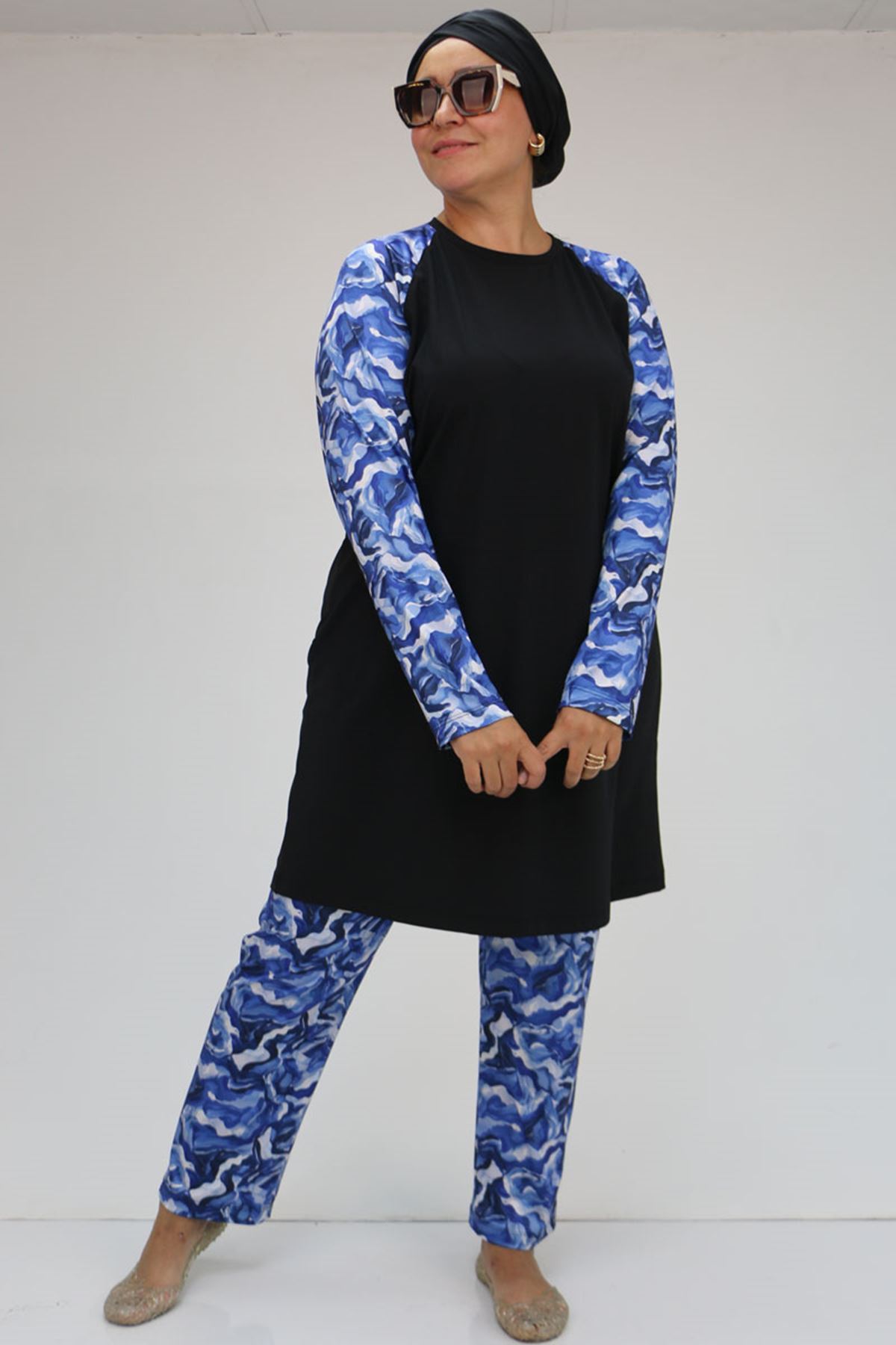 F-1729 Büyük Beden  Uzunkol Tesettür Mayo Takım - Mavi Dalgalı