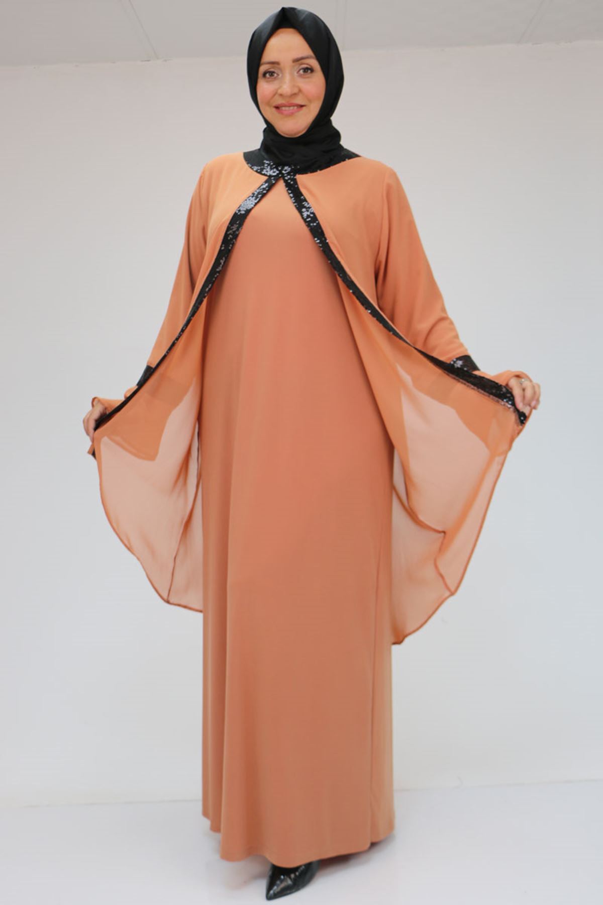 F-32015 Büyük Beden Pul Payet Detaylı Sandy-Şifon Elbise - Somon