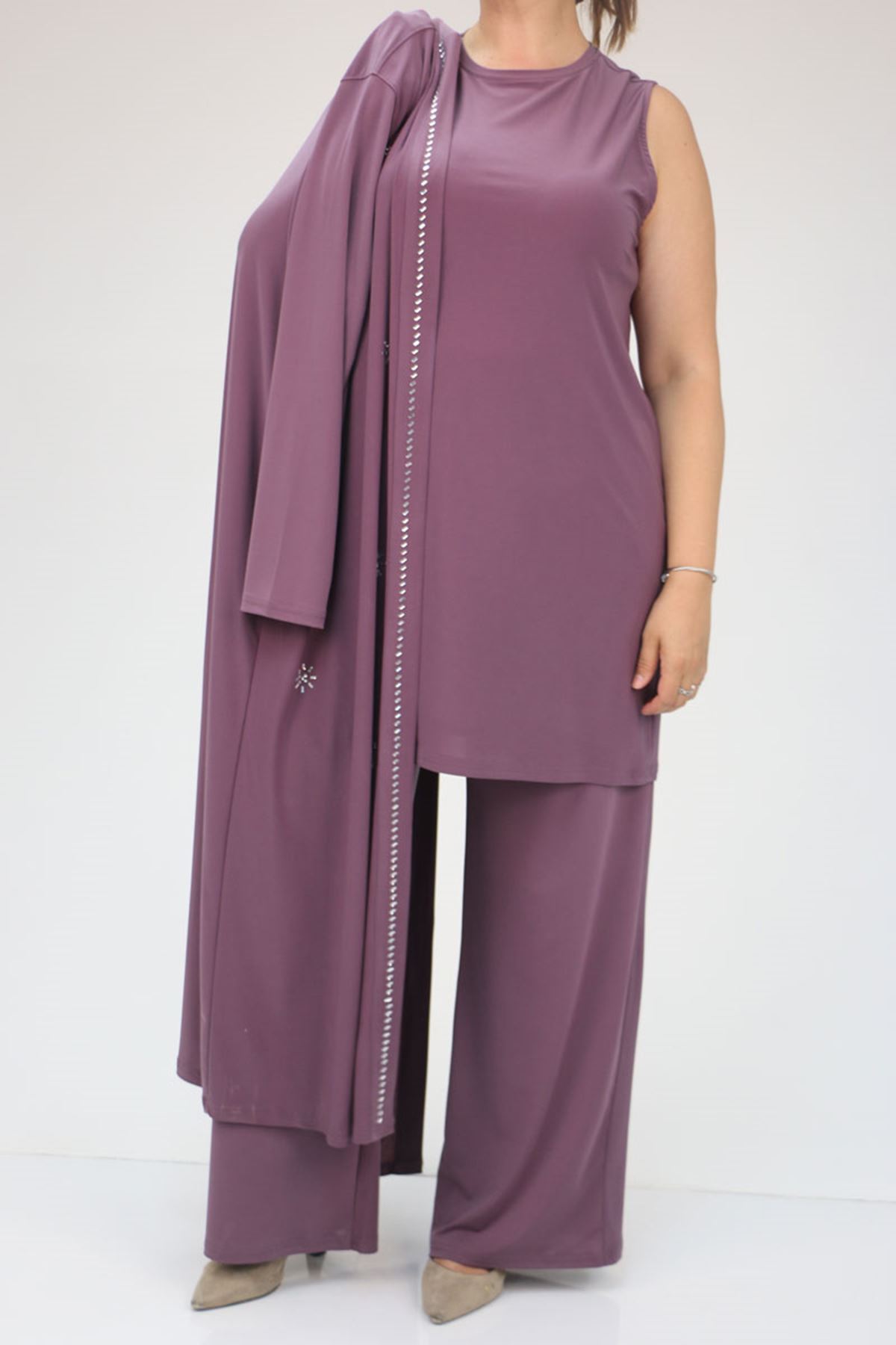 47304 Büyük Beden Taş Baskılı Sandy  Takım  - Lila