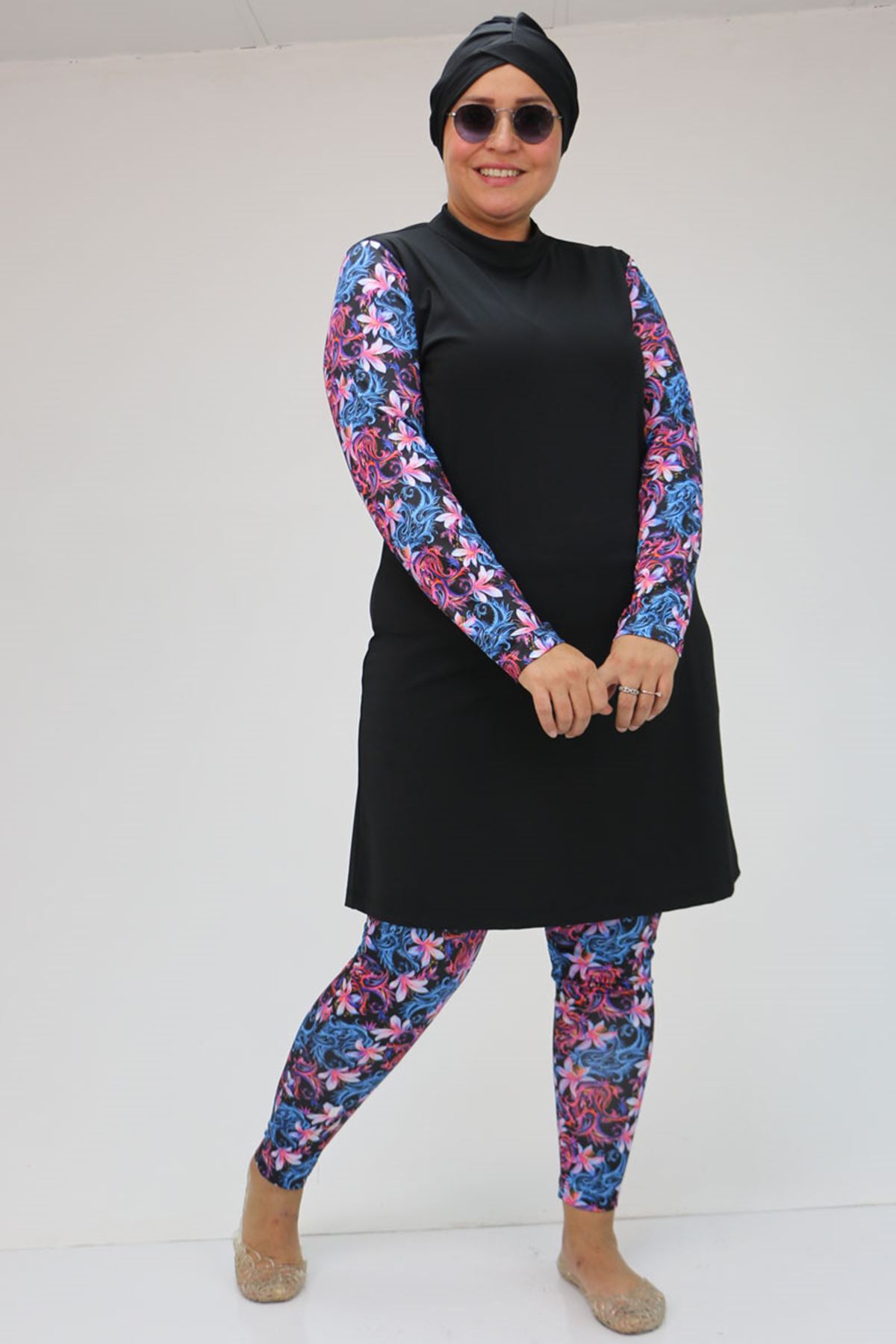F-1729 Büyük Beden Uzunkol Tesettür Mayo Takım - Siyah - Fuşya