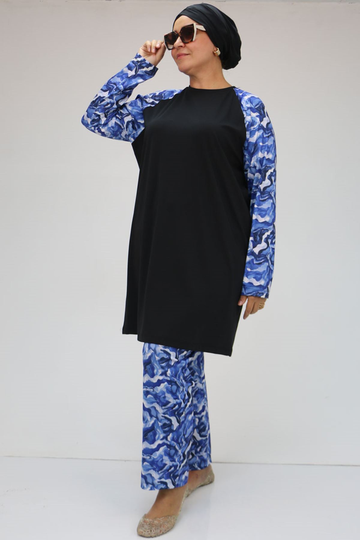 F-1729 Büyük Beden  Uzunkol Tesettür Mayo Takım - Mavi Dalgalı
