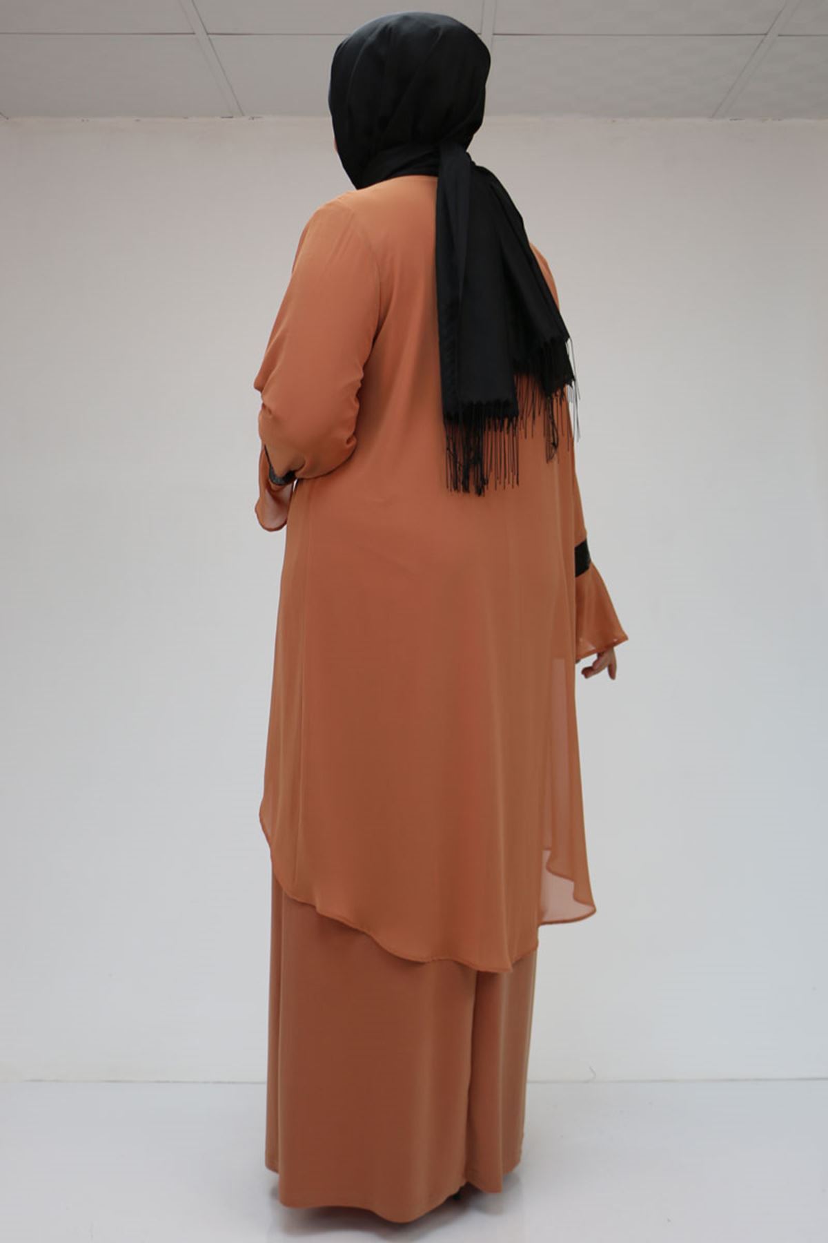 F-32015 Büyük Beden Pul Payet Detaylı Sandy-Şifon Elbise - Somon