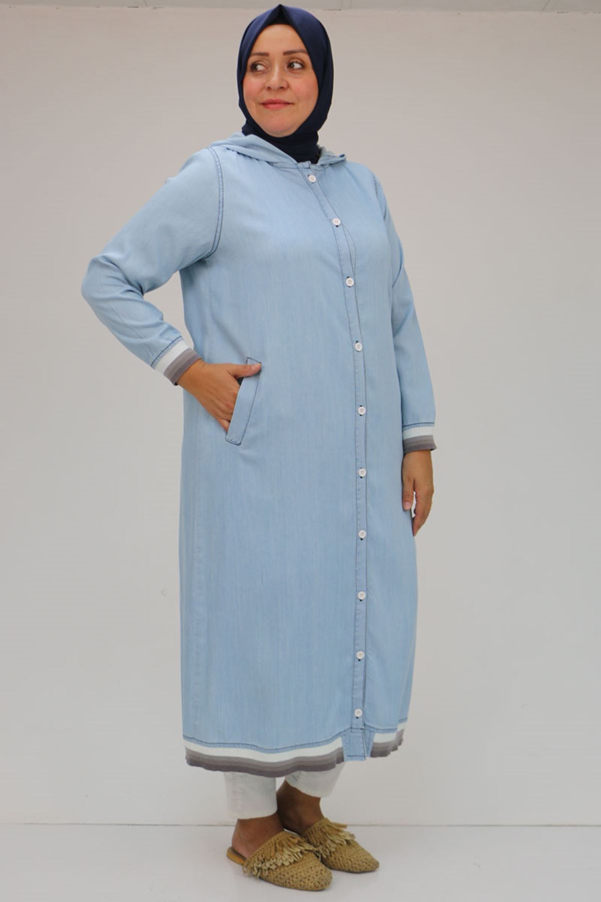 43014 Büyük Beden  Kol Ve Etek Ucu Ribanalı Liyosel Kap - Buz Mavi