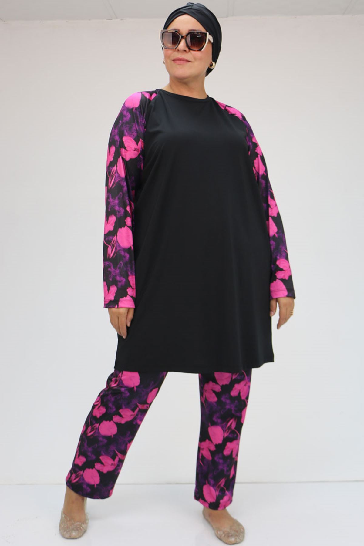 F-1729 Büyük Beden  Uzunkol Tesettür Mayo Takım - Fuşya Çiçekli