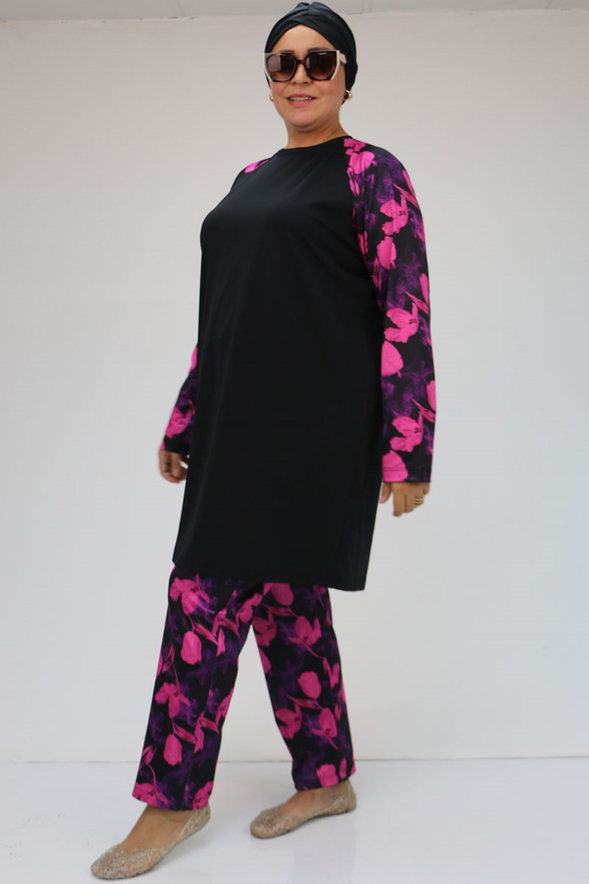 F-1729 Büyük Beden  Uzunkol Tesettür Mayo Takım - Fuşya Çiçekli