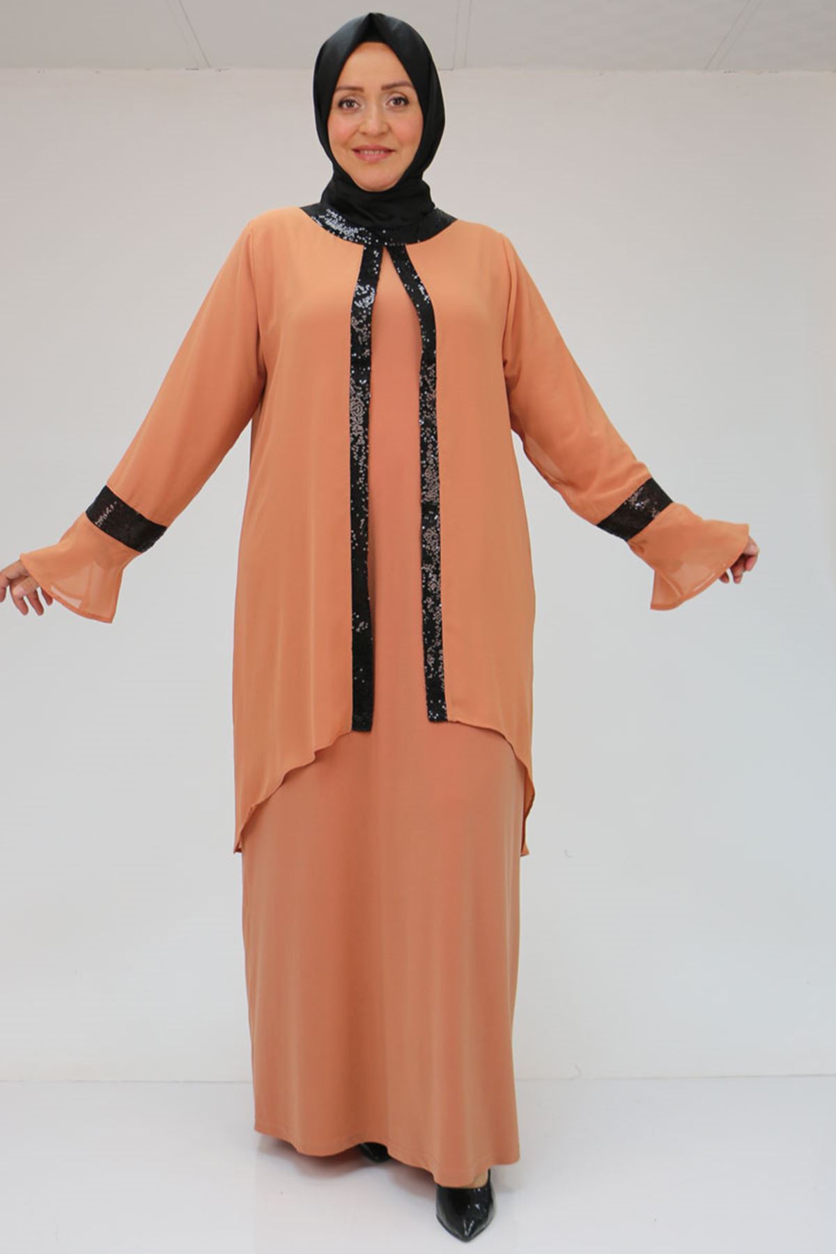 F-32015 Büyük Beden Pul Payet Detaylı Sandy-Şifon Elbise - Somon