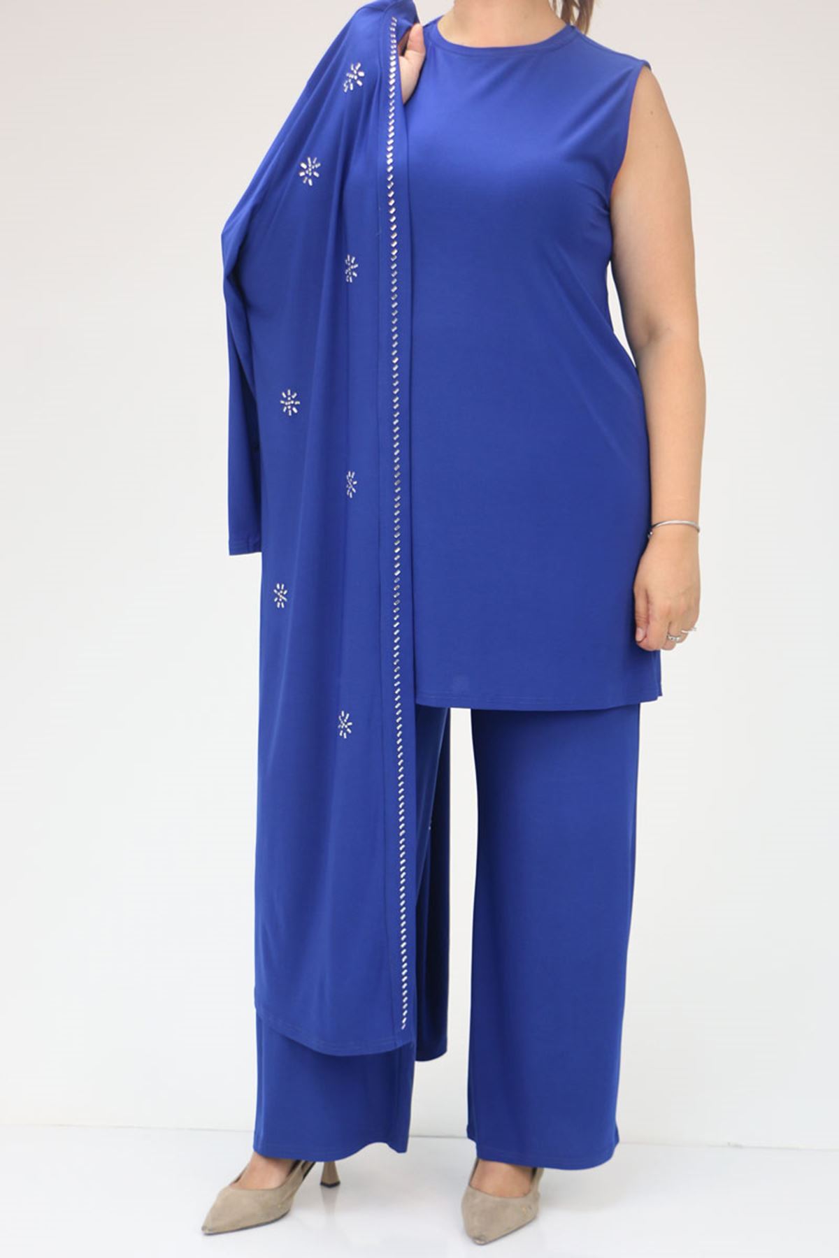 47304 Büyük Beden Taş Baskılı Sandy  Takım  - Saks