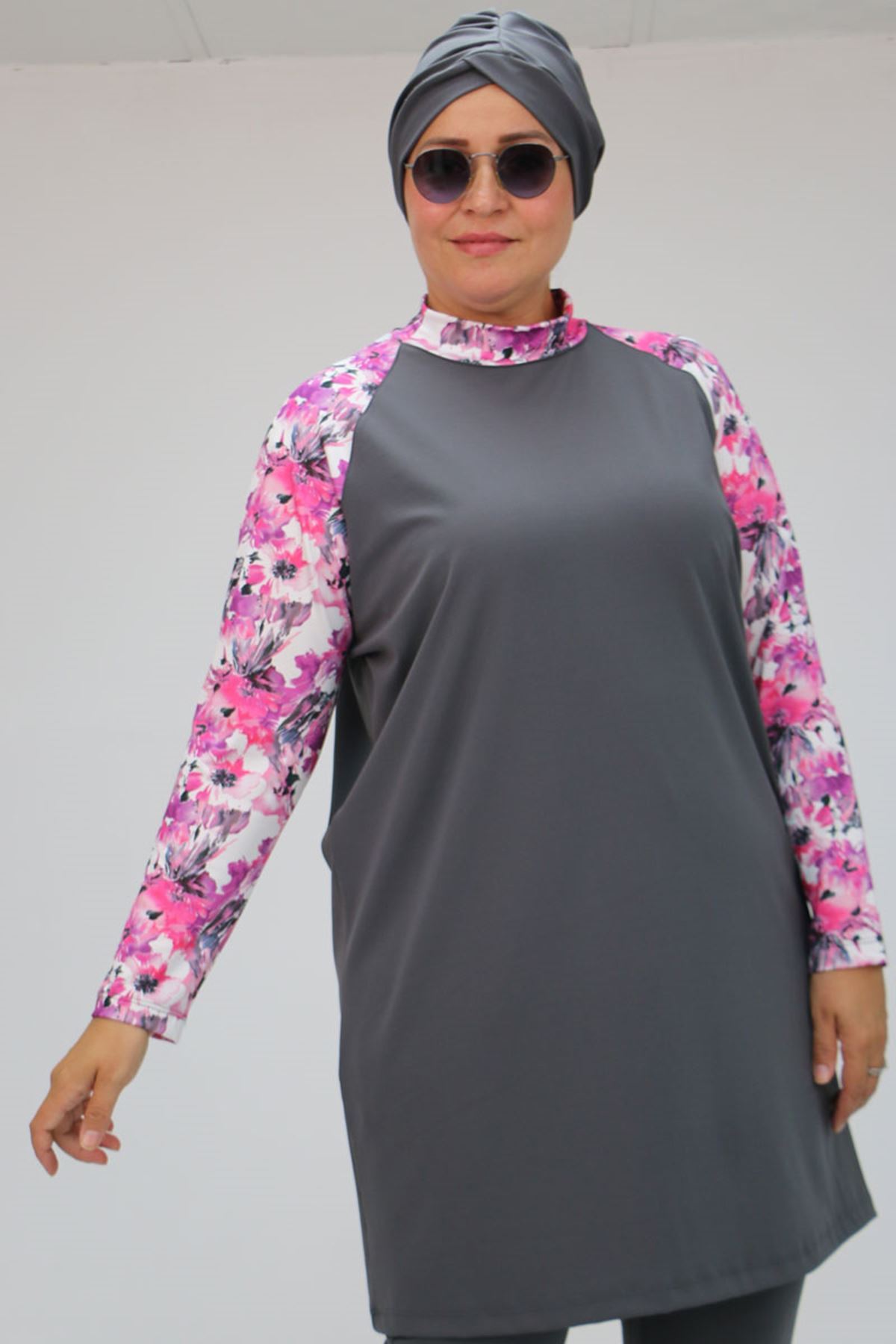 1734 Büyük Beden  Reglan Kol Tesettür Mayo - Pembe - Gri