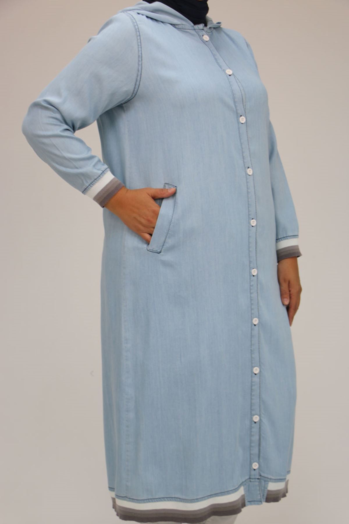 43014 Büyük Beden  Kol Ve Etek Ucu Ribanalı Liyosel Kap - Buz Mavi