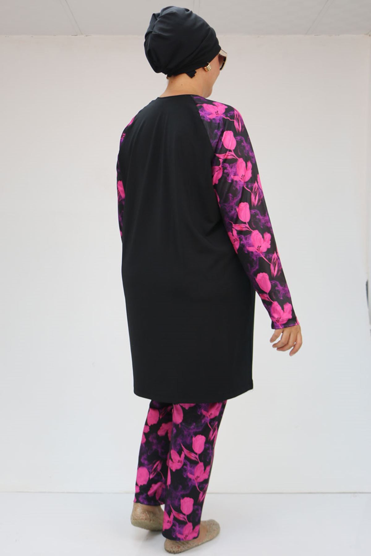 F-1729 Büyük Beden  Uzunkol Tesettür Mayo Takım - Fuşya Çiçekli