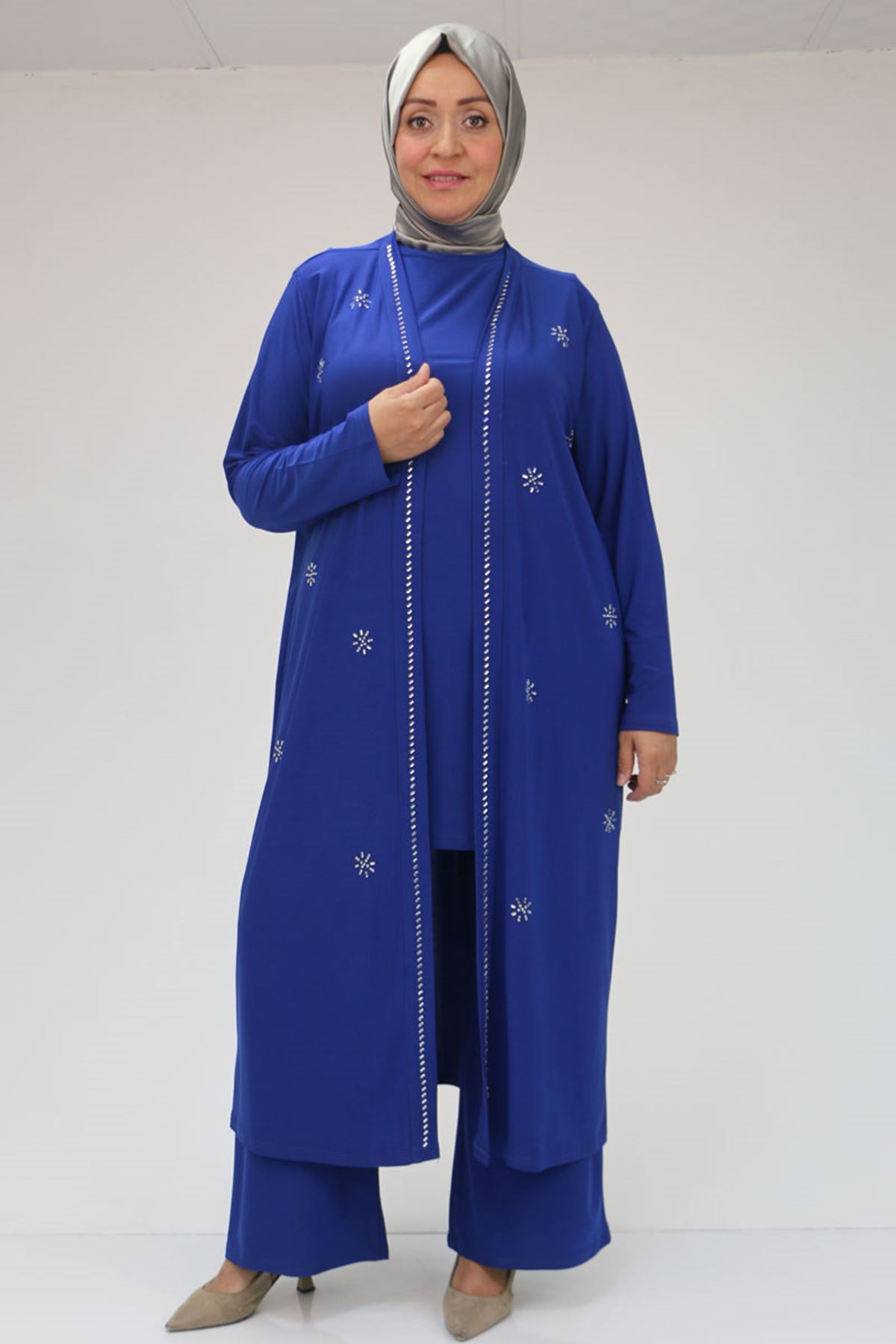 47304 Büyük Beden Taş Baskılı Sandy  Takım  - Saks