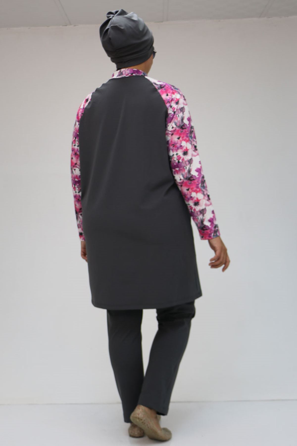 1734 Büyük Beden  Reglan Kol Tesettür Mayo - Pembe - Gri