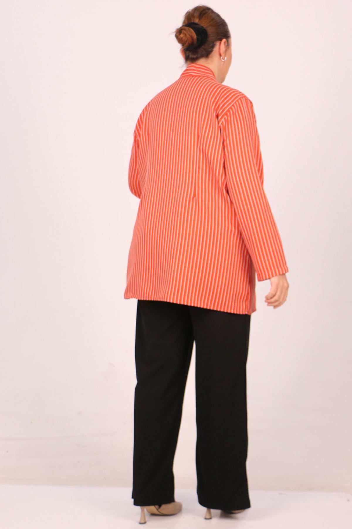 F-43021 Büyük Beden Çıkabilir Broş'lu Dokuma Kumaş Kısa Ceket-Çizgili Kiremit