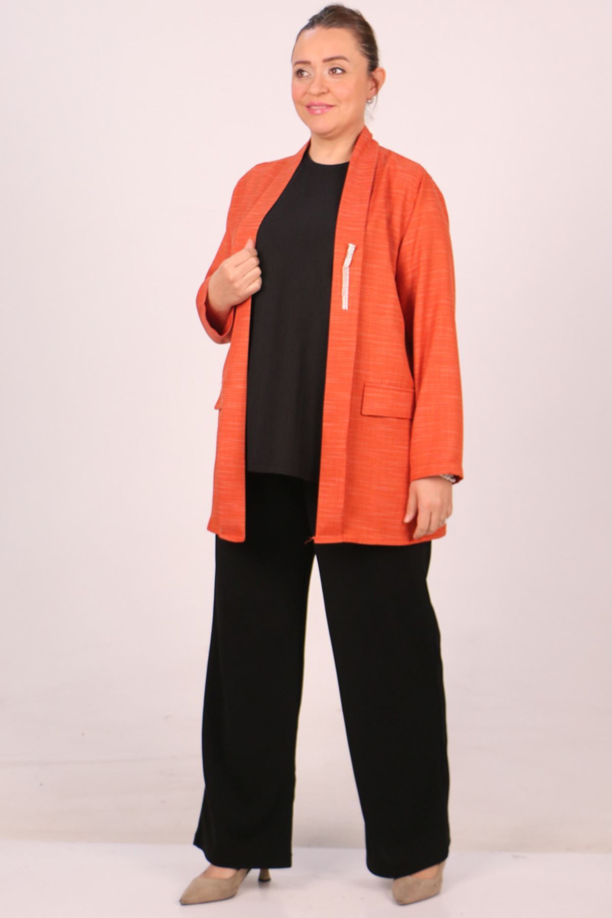 F-43021 Büyük Beden Çıkabilir Broş'lu Dokuma Kumaş Kısa Ceket-Kırçıllı Kiremit