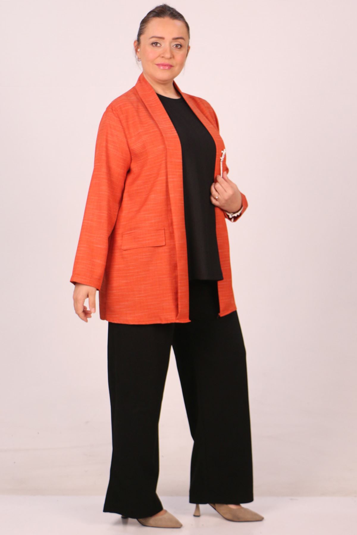 F-43021 Büyük Beden Çıkabilir Broş'lu Dokuma Kumaş Kısa Ceket-Kırçıllı Kiremit