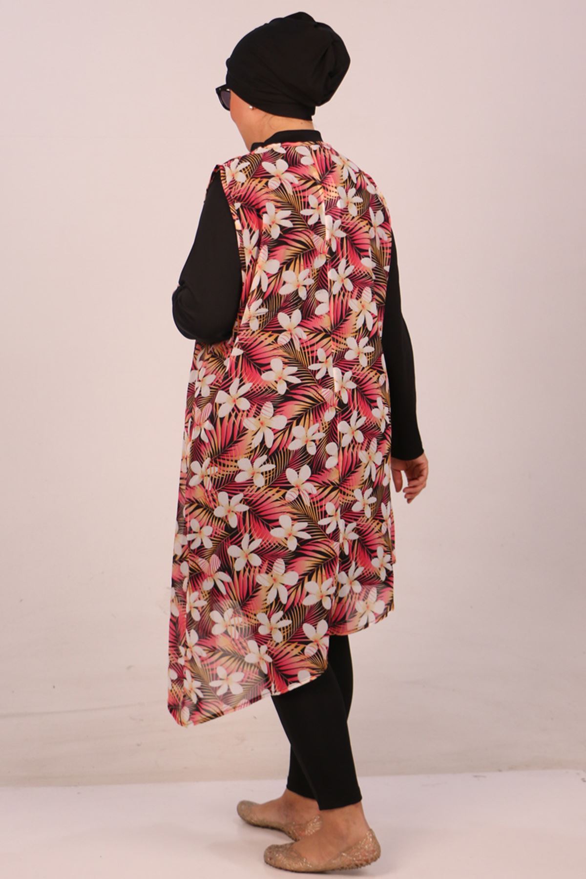 1723 Büyük Beden Uzun Kol Şifon Pareolu Tesettür Mayo Takım - Mercan