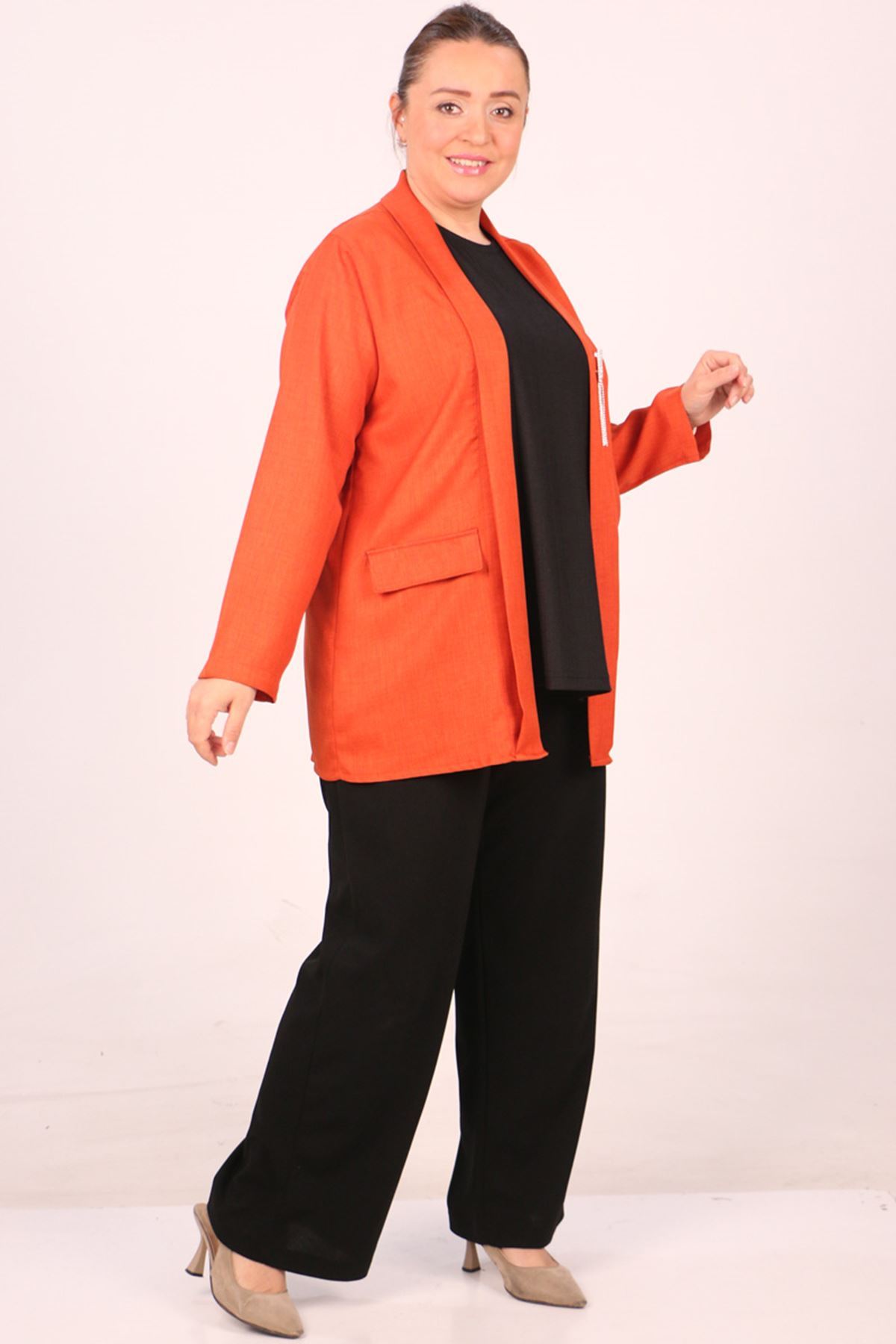 F-43021 Büyük Beden Çıkabilir Broş'lu Dokuma Kumaş Kısa Ceket-Kiremit