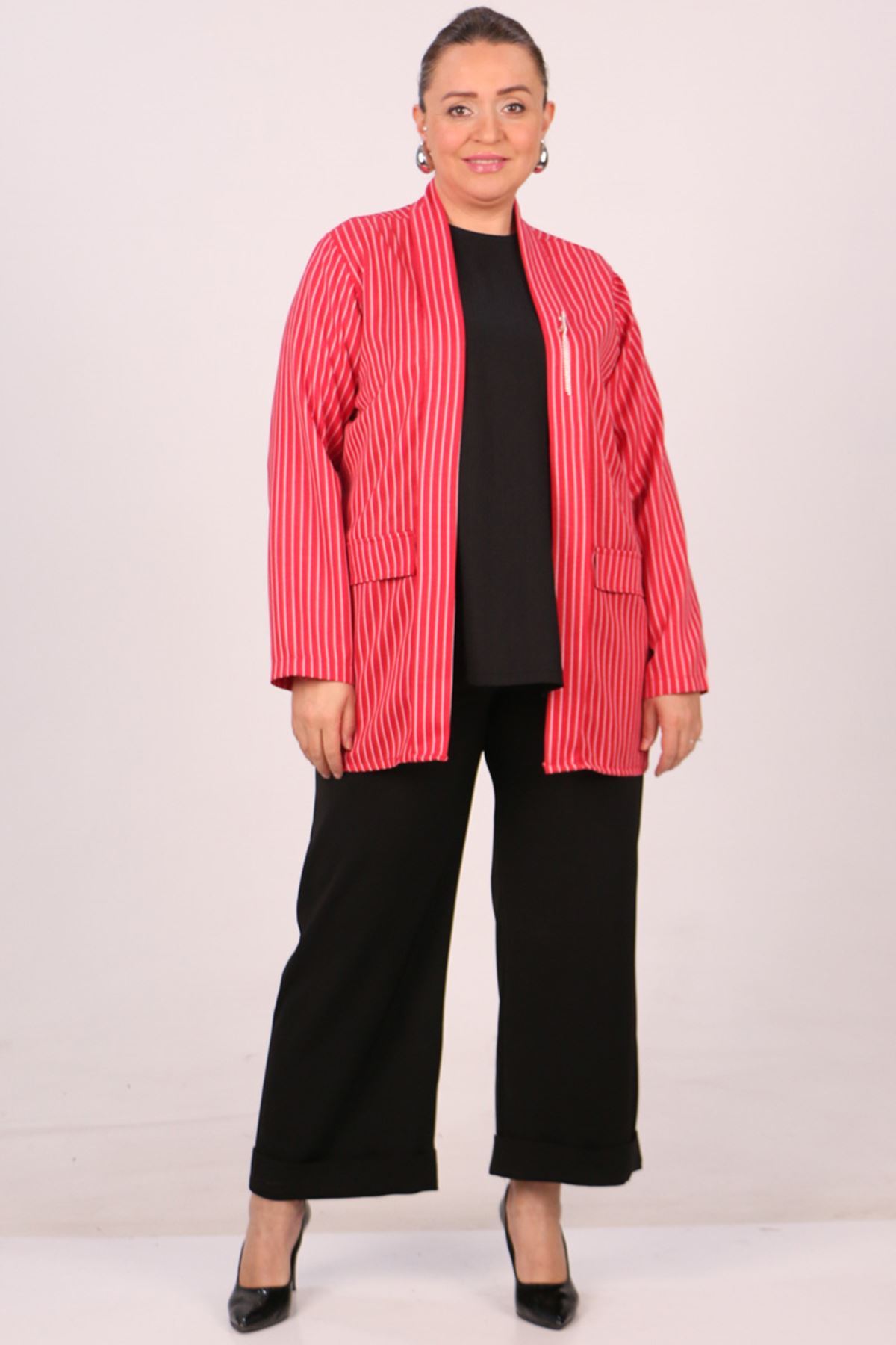 F-43021 Büyük Beden Çıkabilir Broş'lu Dokuma Kumaş Kısa Ceket-Çizgili Kırmızı