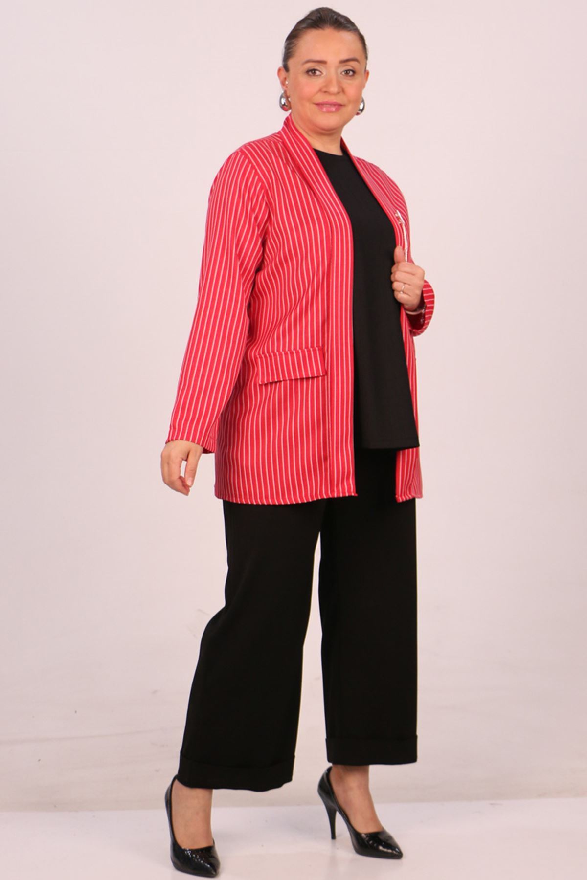 F-43021 Büyük Beden Çıkabilir Broş'lu Dokuma Kumaş Kısa Ceket-Çizgili Kırmızı