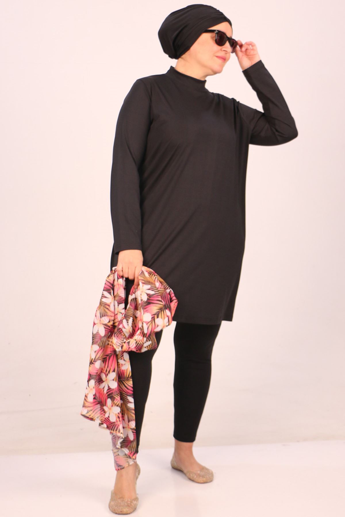 1723 Büyük Beden Uzun Kol Şifon Pareolu Tesettür Mayo Takım - Mercan