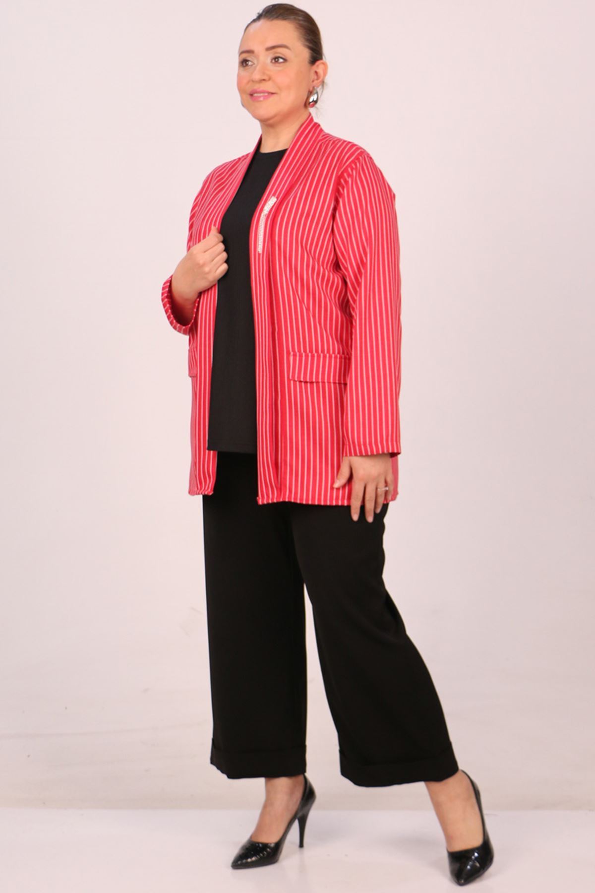 F-43021 Büyük Beden Çıkabilir Broş'lu Dokuma Kumaş Kısa Ceket-Çizgili Kırmızı