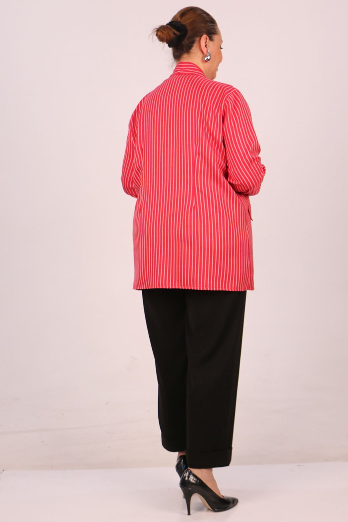 F-43021 Büyük Beden Çıkabilir Broş'lu Dokuma Kumaş Kısa Ceket-Çizgili Kırmızı