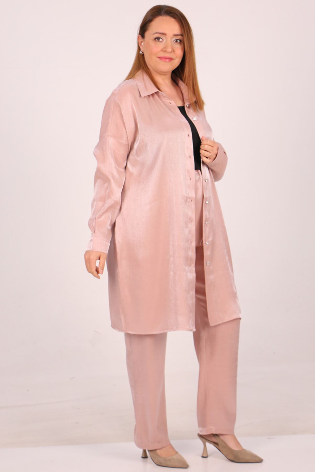 F-49002 Büyük Beden Beli Lastikli Dar Paça Star Pantolon-Bürümcük Pudra