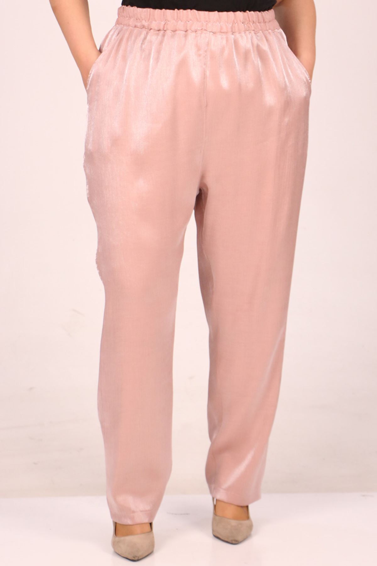 F-49002 Büyük Beden Beli Lastikli Dar Paça Star Pantolon-Bürümcük Pudra