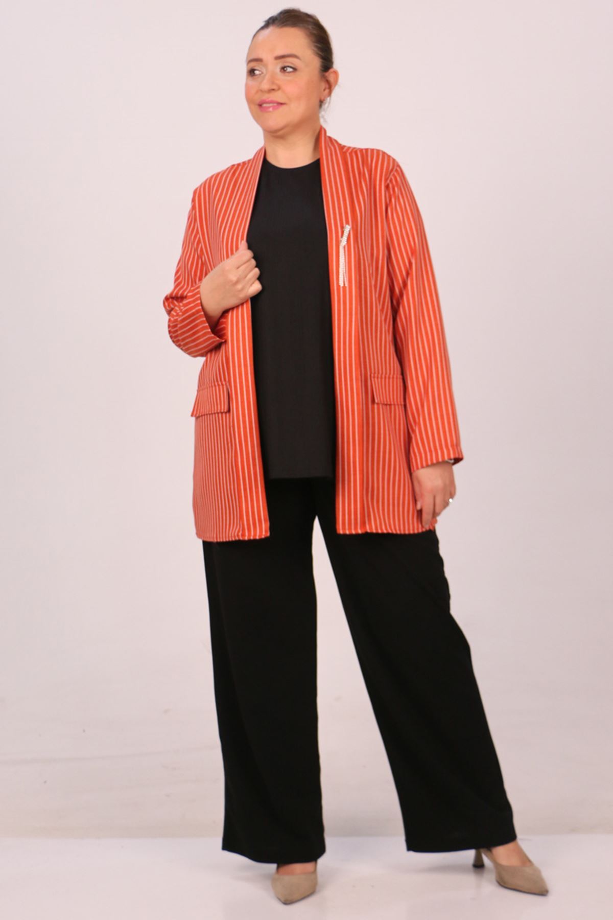 F-43021 Büyük Beden Çıkabilir Broş'lu Dokuma Kumaş Kısa Ceket-Çizgili Kiremit