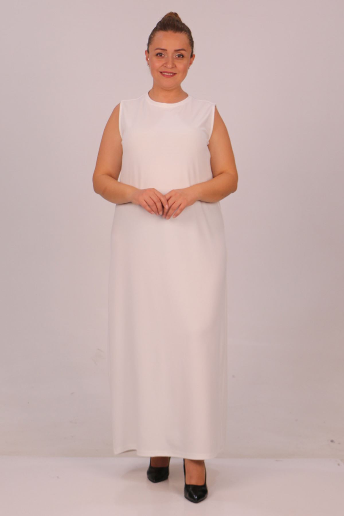 32048 Büyük Beden Scuba Kolsuz Elbise - Ekru