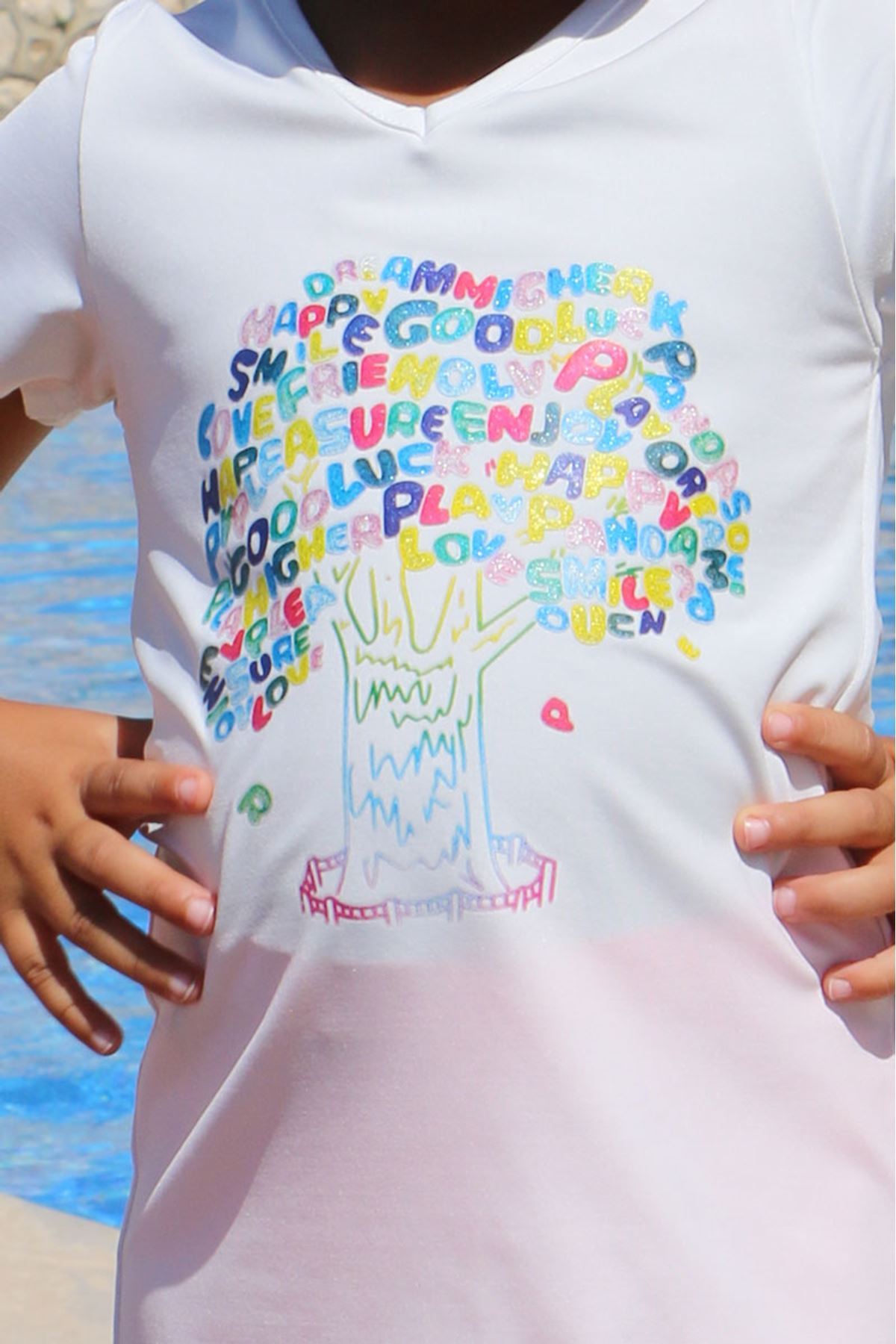 1708 -1 Ağaç Baskılı Çocuk Havuz Mayosu-Beyaz-Pembe