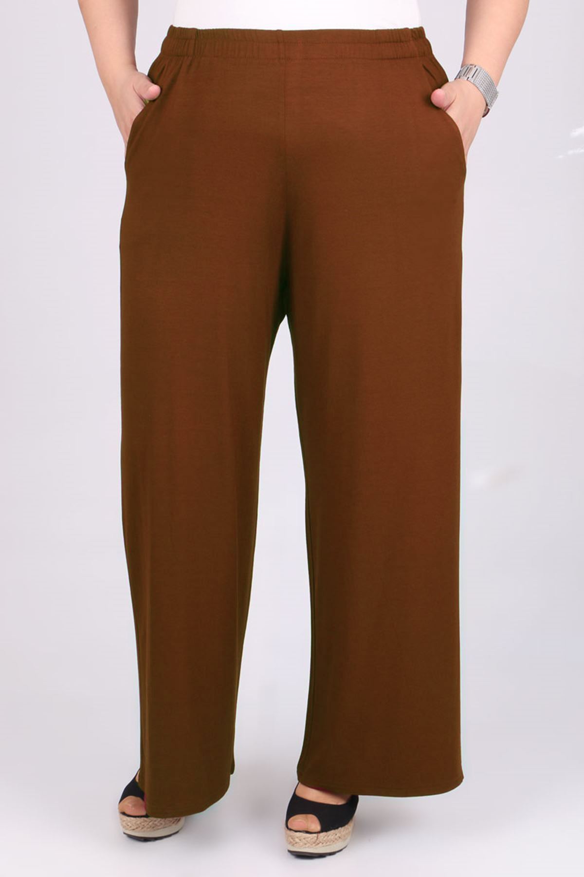 D-39000 Büyük Beden Yüksek Beli Lastikli Penye Defolu Pantolon -Kahverengi